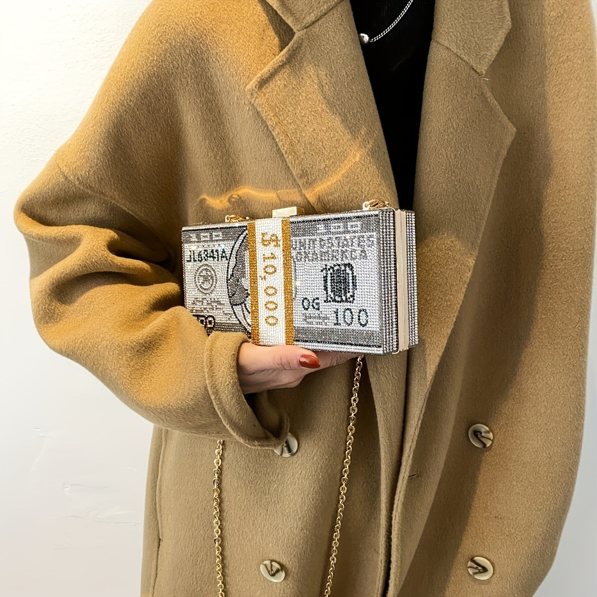 Fashion Dollar Bill Design Clutch - Rhinestone Evening Bag, Creative Personalized Handbag With Chain Shoulder Strap, Small Party Crossbody Purse, Bag - For Women - Perfect for Parties & Special Occasions - Ideal Gift